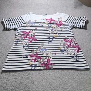 Karen Scott Short Sleeve T-Shirt White Women's Plus Size 0X Floral Flower Stripe